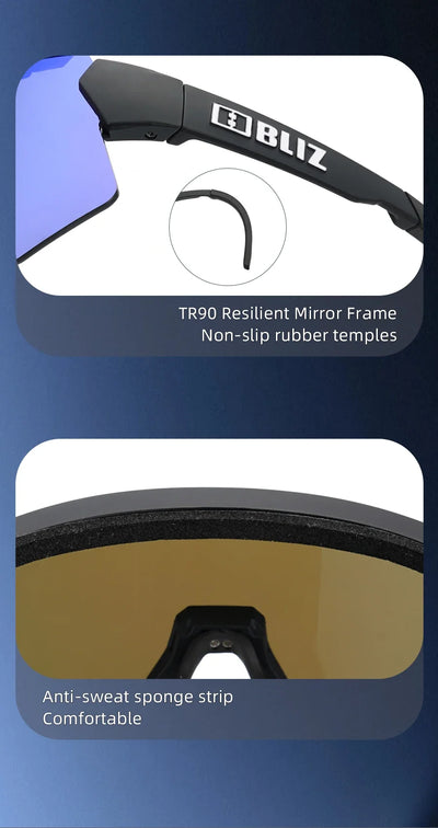 Close-up of BLIZ Breeze polarized sunglasses features: TR90 mirror frame, non-slip rubber temples, and anti-sweat sponge strip.