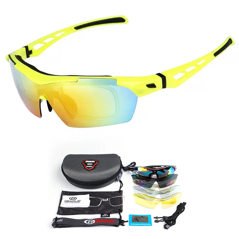 Men’s polarized cycling sunglasses in yellow with multiple lens options and accessories from OBAOLAY, perfect for outdoor sports.