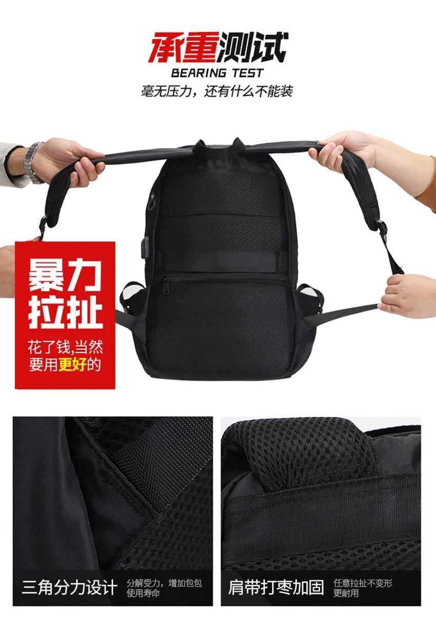Durable black backpack undergoing strength test with soft straps and ergonomic design, showcasing quality and practicality.