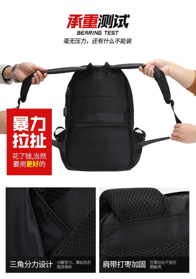 Durable black backpack undergoing strength test with soft straps and ergonomic design, showcasing quality and practicality.