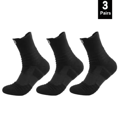 Three pairs of elastic compression sports socks in black, designed for breathability and comfort during athletic activities.