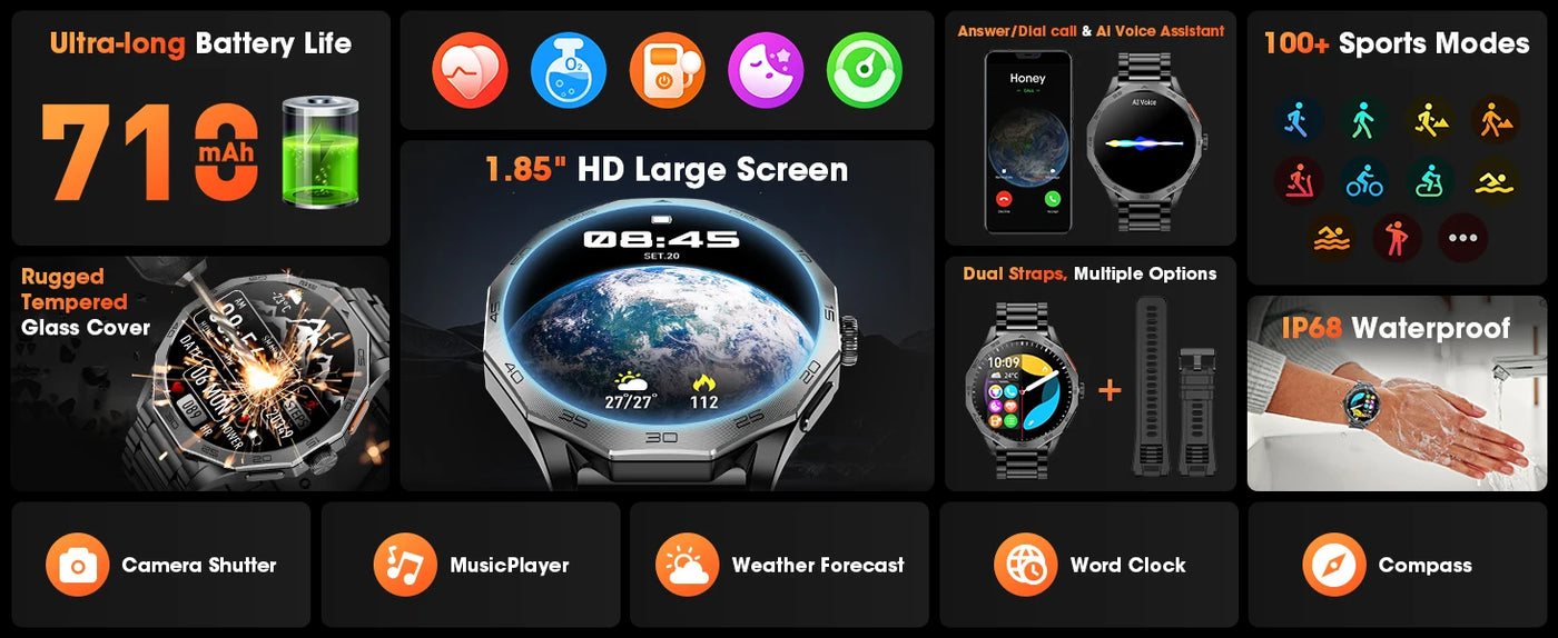 Ultra-resistant smartwatch with 1.85" HD screen, 710mAh battery, IP68 waterproof, and 100+ sports modes.