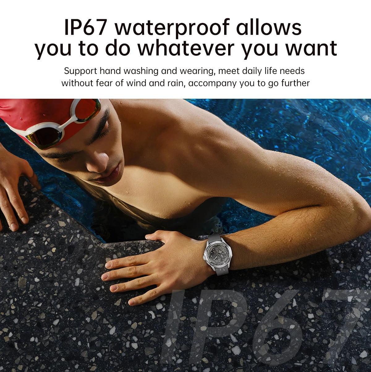 Man in swimming pool showcasing Xiaomi S4 Ultra Smartwatch with IP67 waterproof feature for active lifestyles.