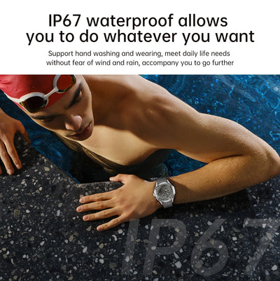 Man in swimming pool showcasing Xiaomi S4 Ultra Smartwatch with IP67 waterproof feature for active lifestyles.