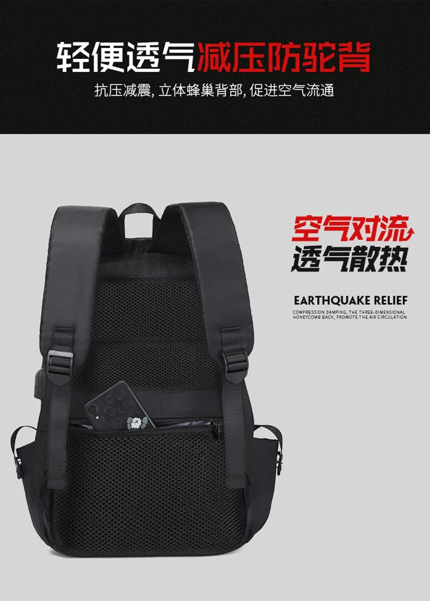 Black ergonomic backpack with breathable mesh back, designed for comfort and ventilation. Perfect for school or outdoor activities.