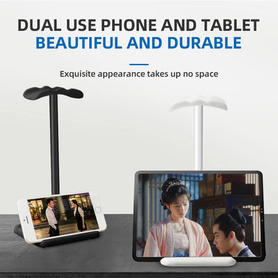 Universal headphone stand showcasing dual-use for phone and tablet, designed for elegant organization and space-saving.