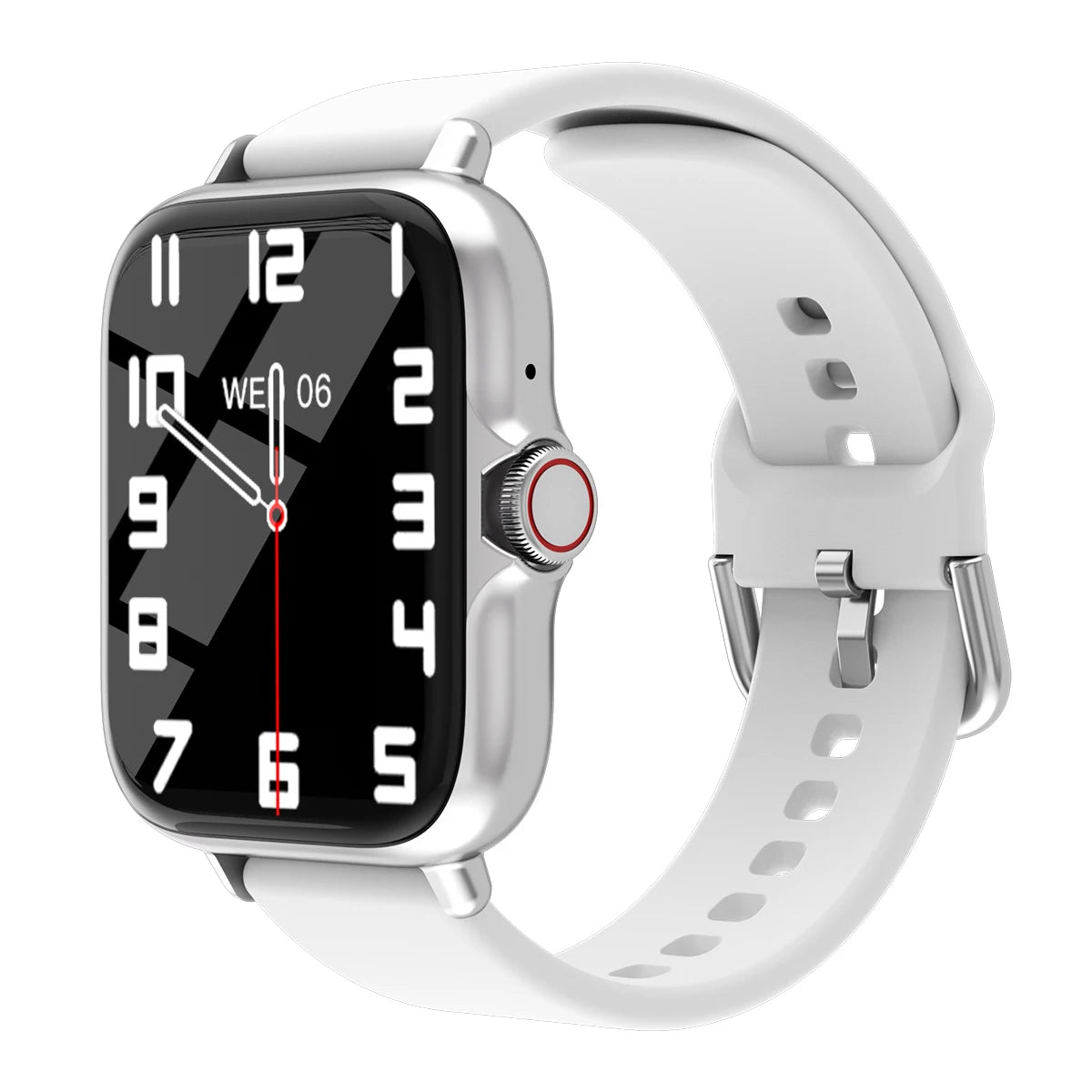 Waterproof smart watch with call and message alerts, fitness tracker, and white silicone band.