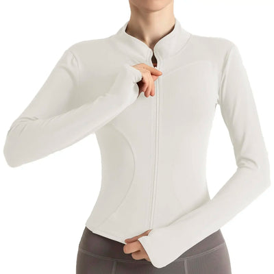 Women's lightweight sports jacket with long sleeves, breathable, quick-dry material for gym workouts.