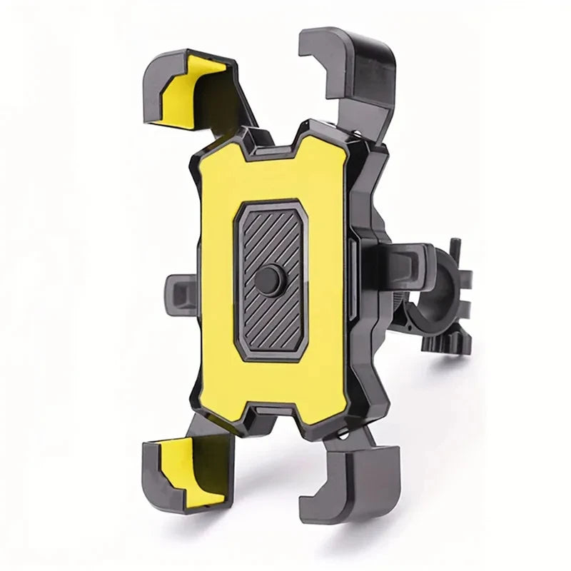 360° Rotatable bicycle phone holder with yellow accents, adjustable mount for bike and motorcycle use.
