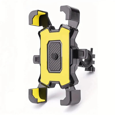 360° Rotatable bicycle phone holder with yellow accents, adjustable mount for bike and motorcycle use.