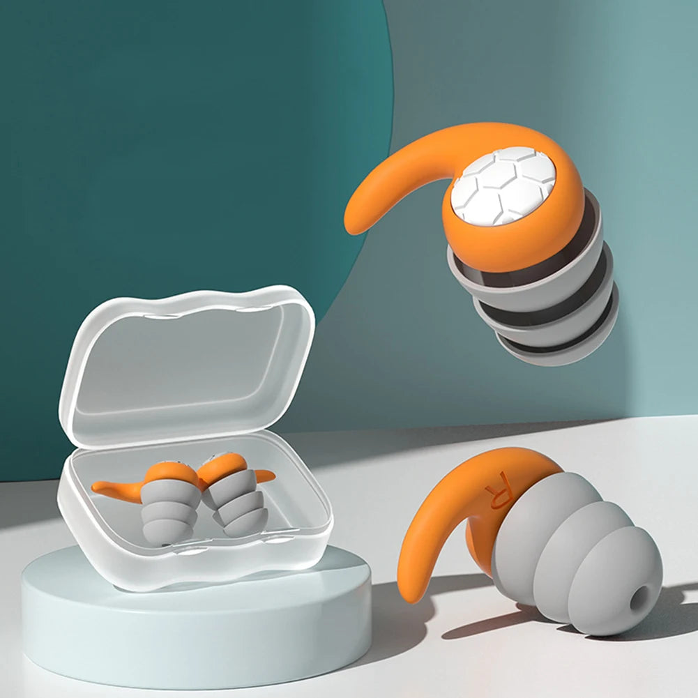Silicone waterproof earplugs in a case, designed for swimming and noise reduction, featuring soft nano silica gel.