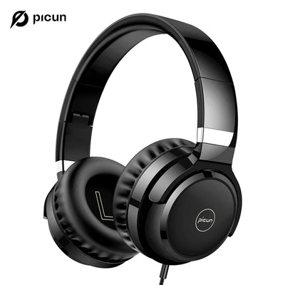 Picun wired on-ear headphones in black with mic and volume control, featuring noise isolation design.