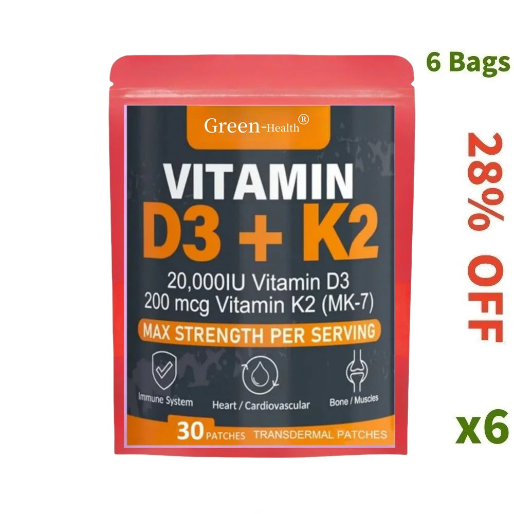 Vitamin D3 and K2 transdermal patches, 20000IU D3, 200mcg K2, support bone health and immune system, 28% off.
