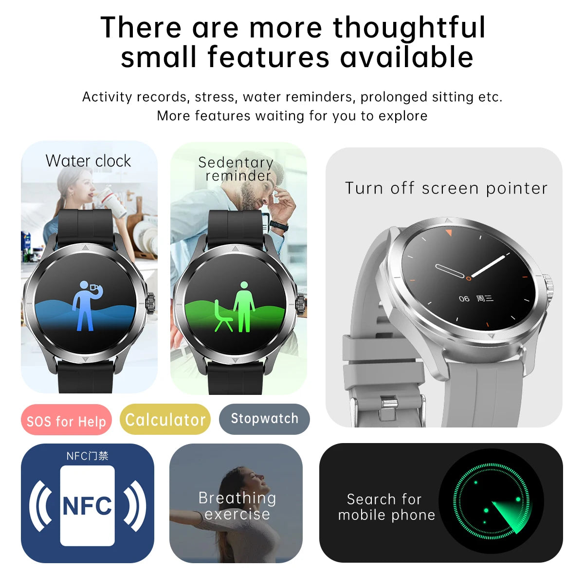 Xiaomi S4 Ultra Smartwatch showcasing features like sedentary reminders, water clock, breathing exercise, and NFC.