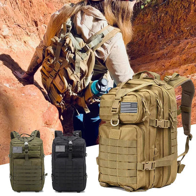 Tactical 45L gym bag, waterproof outdoor rucksack in khaki, black, green; perfect for hiking and camping adventures.