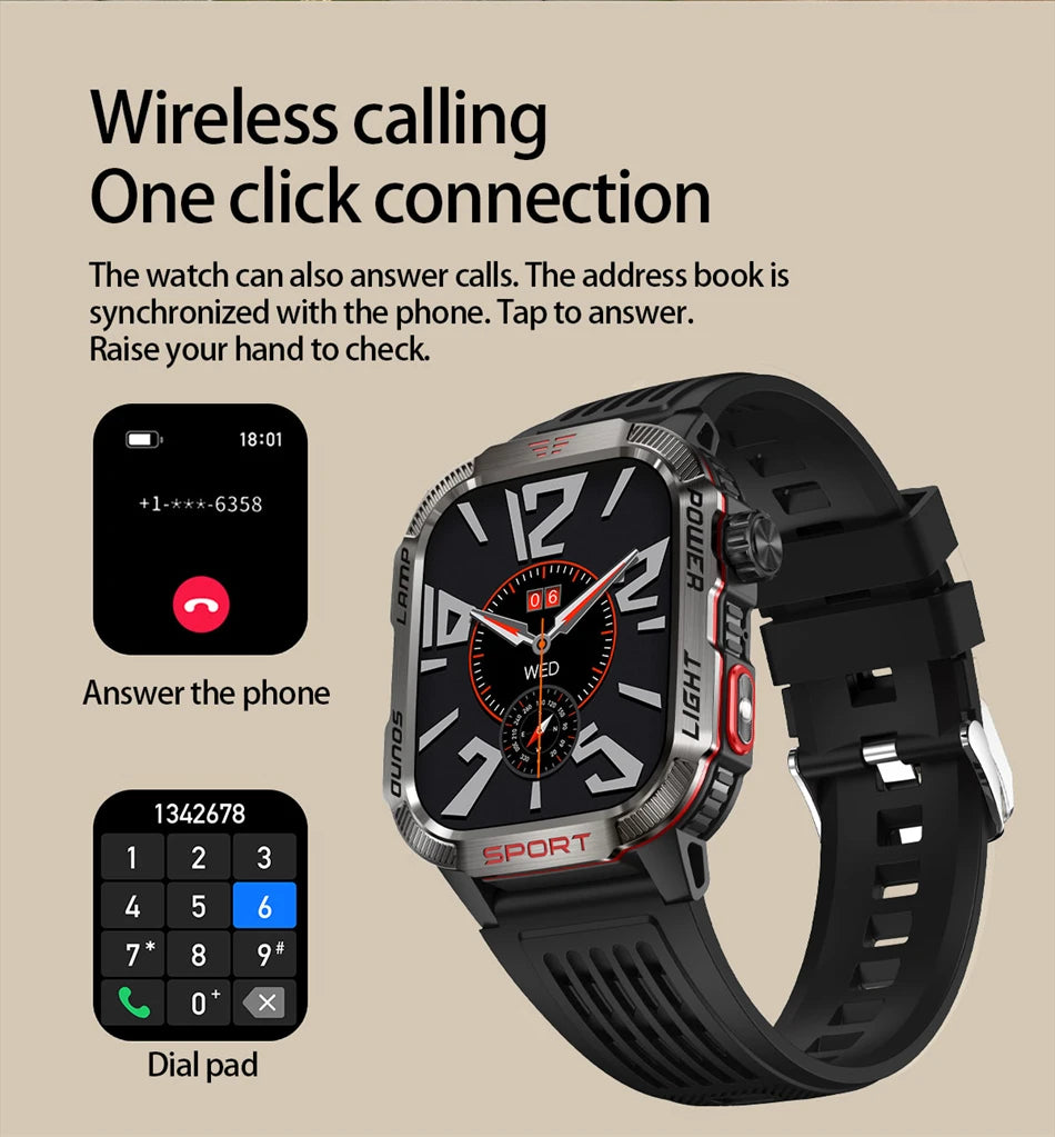 Military GPS smart watch with wireless calling and easy access dial pad for seamless connectivity.