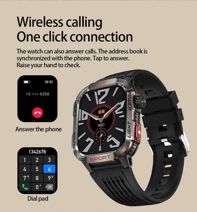 Military GPS smart watch with wireless calling and easy access dial pad for seamless connectivity.