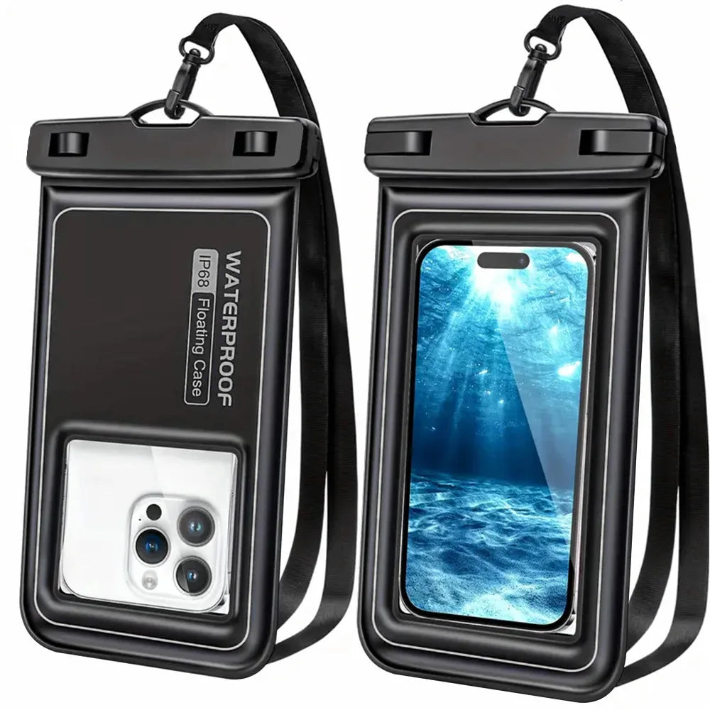 Waterproof phone bag with adjustable strap, designed for swimming and surfing, compatible with iPhone and Android devices.