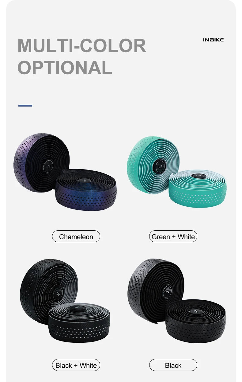Various colors of INBIKE non-slip handlebar tape, including Chameleon, Green + White, Black + White, and Black.