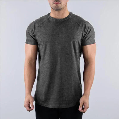 Men's plain short sleeve cotton gym shirt in gray, perfect for workouts, bodybuilding, and fitness activities.