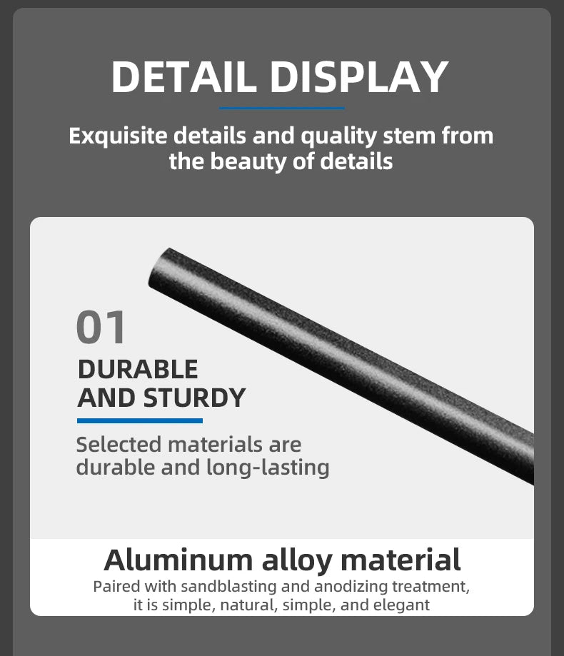 Detail display of durable aluminum alloy material, emphasizing quality, sturdiness, and elegant design.