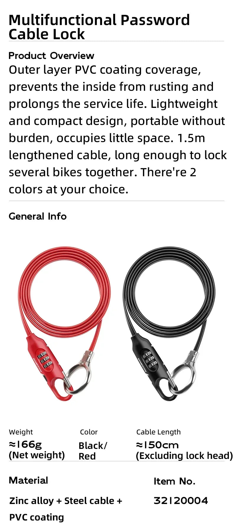 Multifunctional password cable lock in red and black, durable, PVC-coated, 1.5m long for added security.