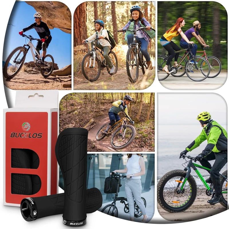 Collage of cyclists using BUCKLOS ergonomic lock-on bike grips, showcasing different colors and riding styles.