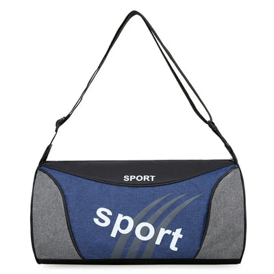 Men's sports gym bag in blue with grey accents, perfect for workouts, travel, and weekend fitness activities.