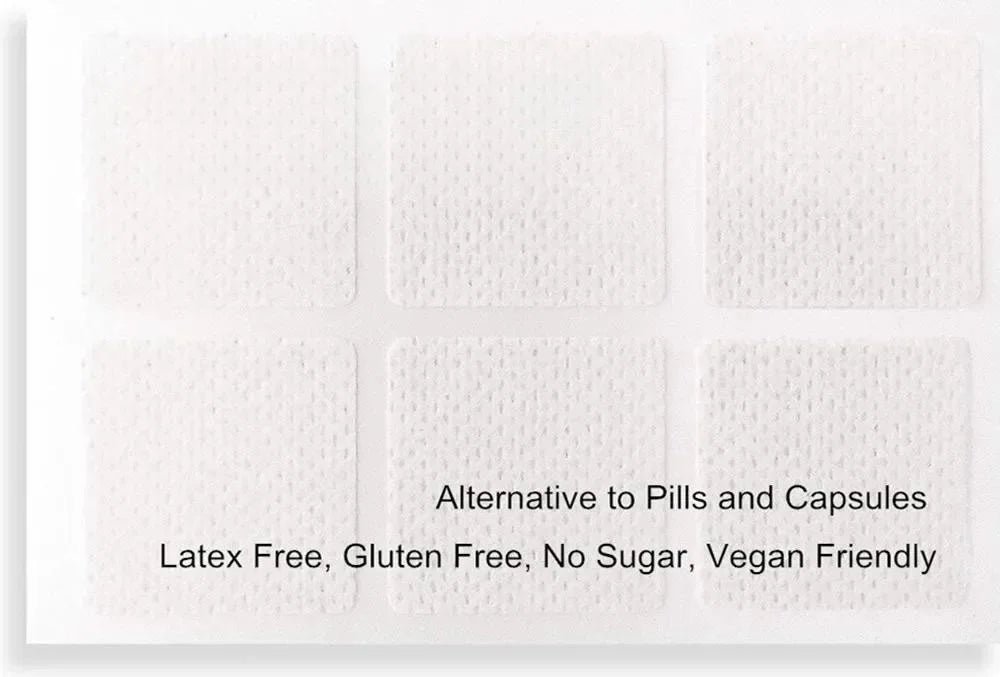 Transdermal patches alternative to pills, featuring latex-free, gluten-free, vegan-friendly, no sugar formulation.
