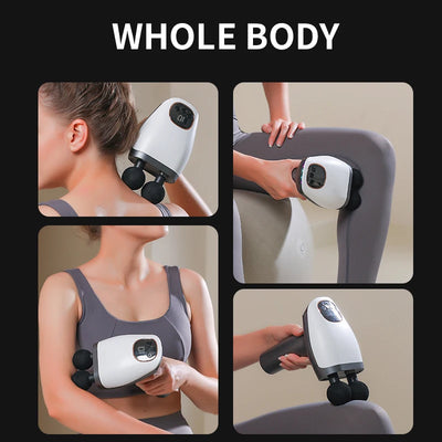 Double headed massage gun for deep tissue relief, used on whole body for athletes' pain relief and relaxation.