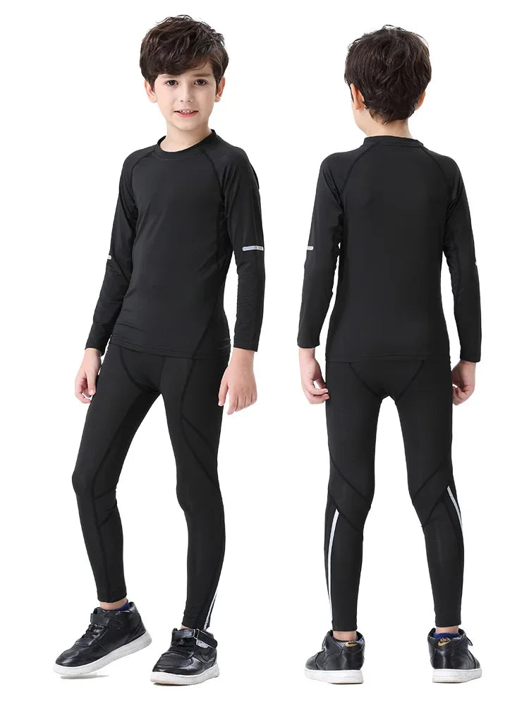 Kids thermal sports set in black, featuring long-sleeve compression tights for running and athletic activities.