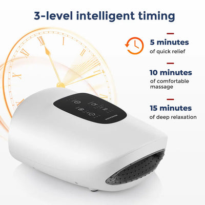Electric hand massager with 3-level timing for quick relief, comfortable massage, and deep relaxation therapy.