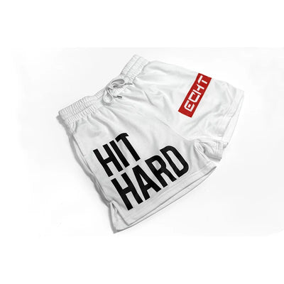Men's white breathable gym shorts with 'HIT HARD' graphic and EHCT logo, perfect for running and workouts.