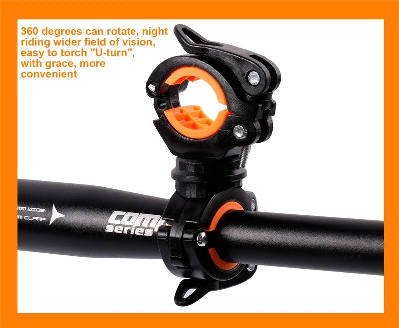 360° rotatable bike light bracket for cycling, featuring adjustable flashlight holder for enhanced visibility.