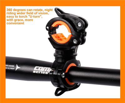 360° rotatable bike light bracket for cycling, featuring adjustable flashlight holder for enhanced visibility.
