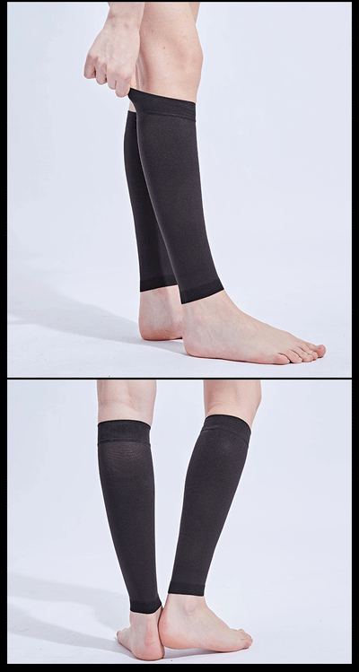 Footless compression calf socks in black, providing 20-30mmHg medical gradient compression for circulation support.