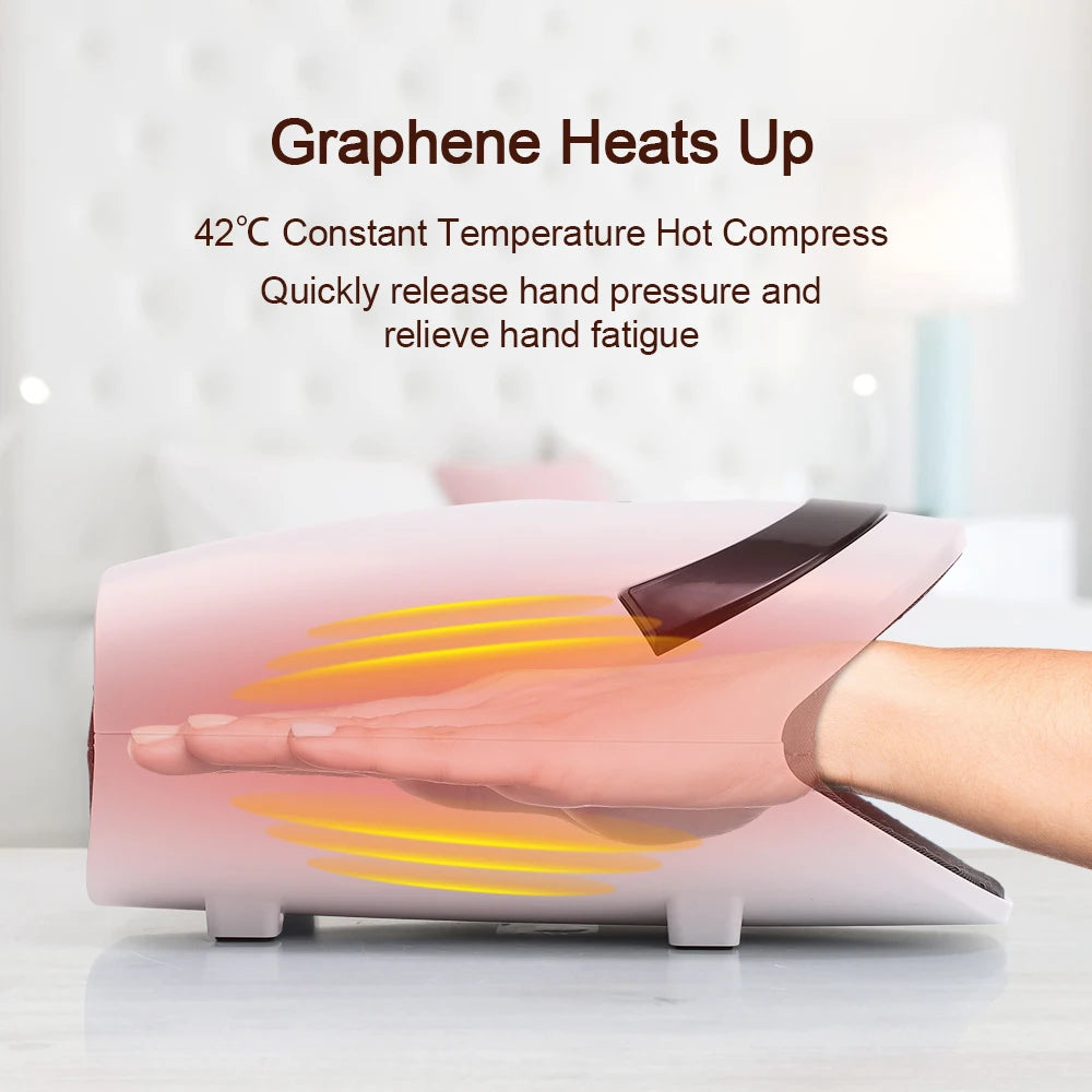 Electric hand massage device with graphene heat therapy at 42°C for hand pressure relief and fatigue reduction.