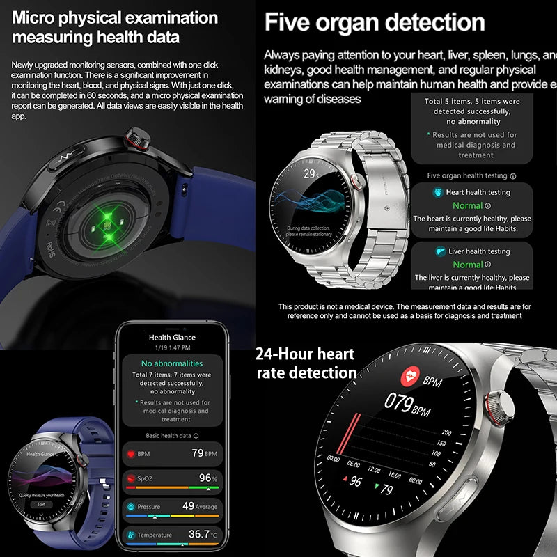 Health smartwatch with heart rate detection, five organ monitoring, and health data analysis features.