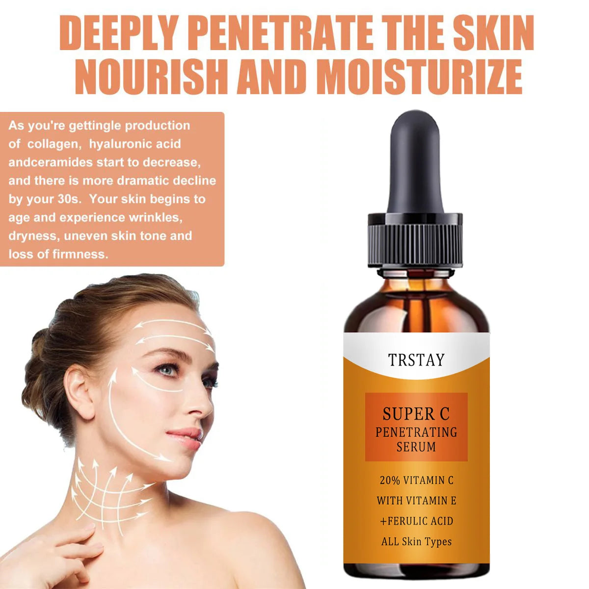 TRSTAY Super C Penetrating Essence with Vitamin C and E for deep skin nourishment and moisture, suitable for all skin types.