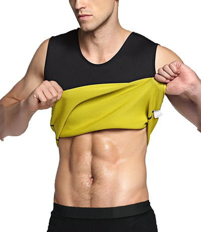 Men's slimming body shaper vest in black and yellow, designed for waist training and fat burning.