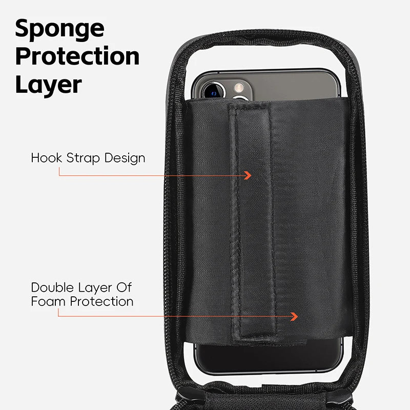 Close-up of West Biking bike phone bag showing sponge protection layer and hook strap design.