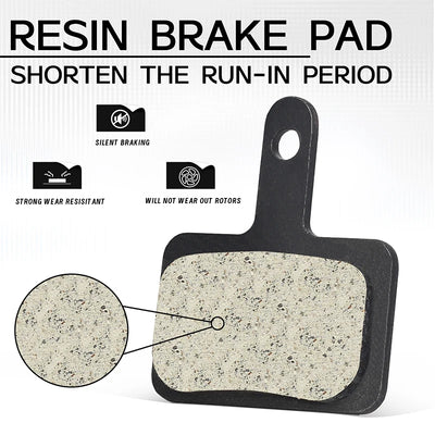 Resin brake pad highlighting features: silent braking, strong wear resistance, and rotor compatibility.