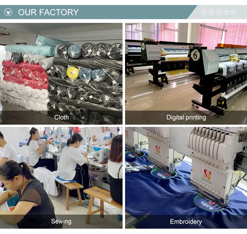 Factory overview showing cloth rolls, digital printing machines, sewing, and embroidery workers at production site.