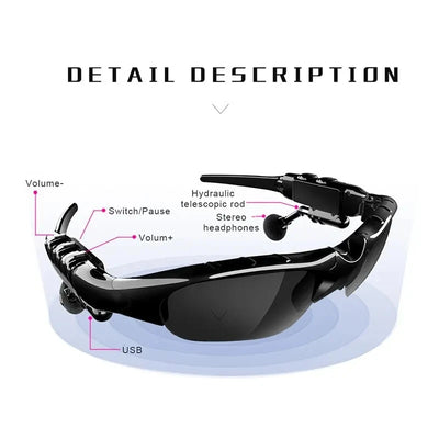 Wireless sunglasses headset with Bluetooth earphones features, including volume control and USB connection.