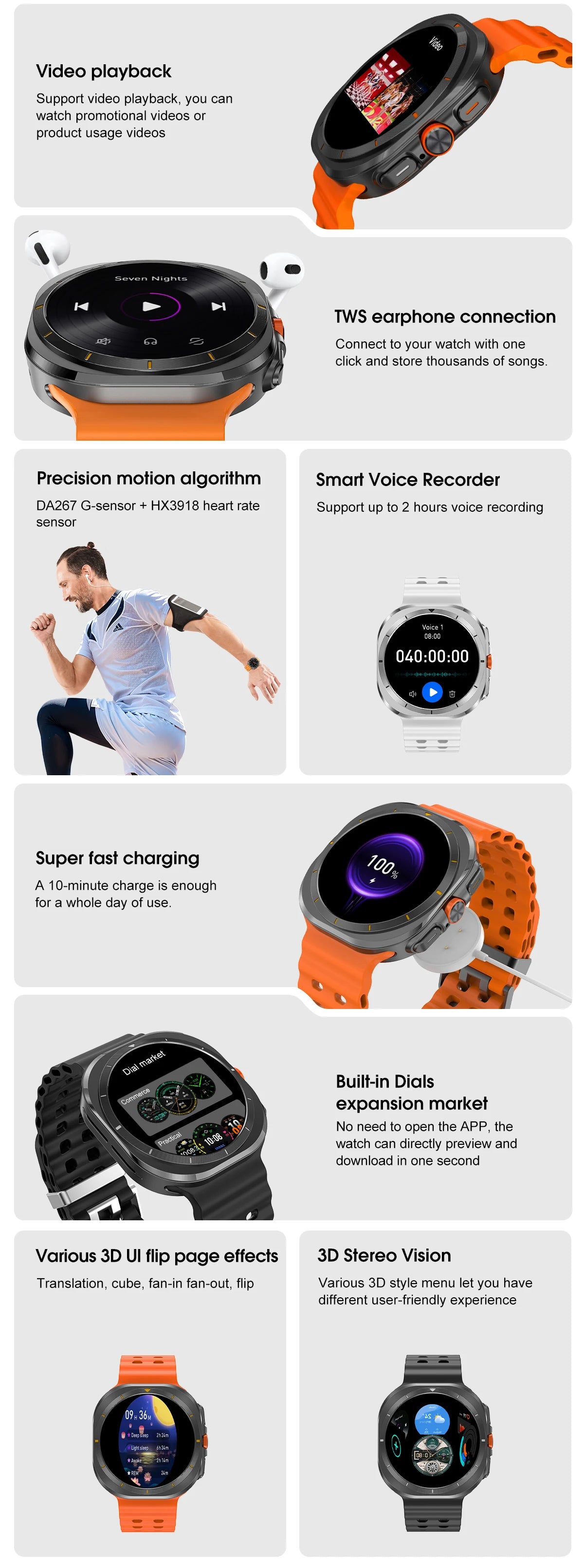 2025 OBAME Watch 7 Ultra Smartwatch features: 3D display, fast charging, TWS connection, motion algorithm, and video playback.
