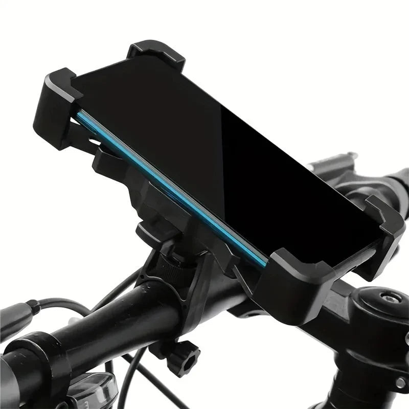 360° rotatable bicycle phone holder mounted on handlebars, ideal for bike and motorcycle GPS navigation.