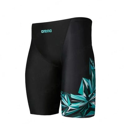 Men's professional swim jammer trunks with a sleek black design and teal geometric patterns, perfect for swim training.