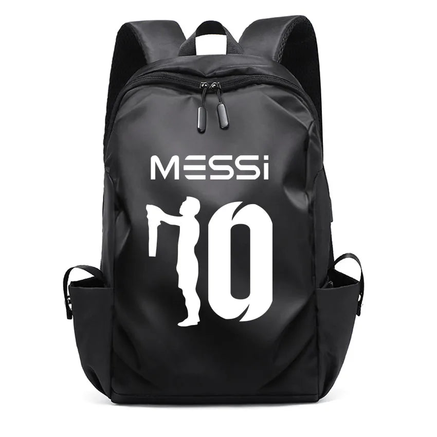 Football Super Stars Messi unisex backpack; stylish nylon design with logo and silhouette, perfect for students.