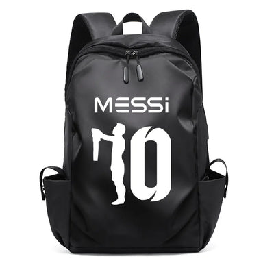 Football Super Stars Messi unisex backpack; stylish nylon design with logo and silhouette, perfect for students.