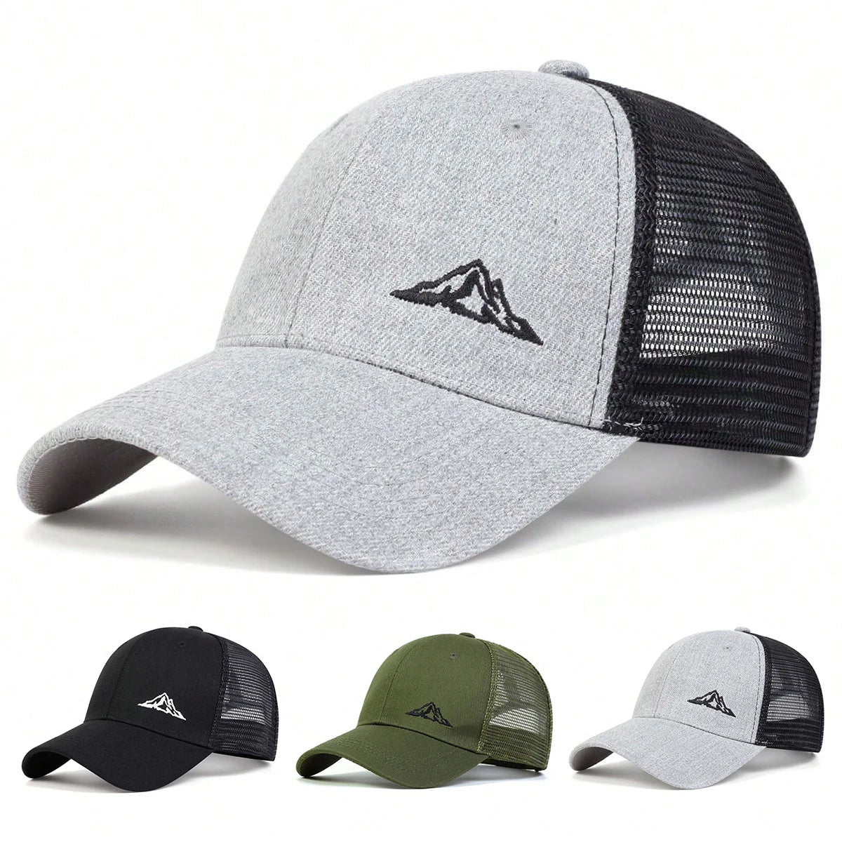 Unisex mountain embroidery baseball cap in gray, black, green; adjustable outdoor sun hat for versatile style.